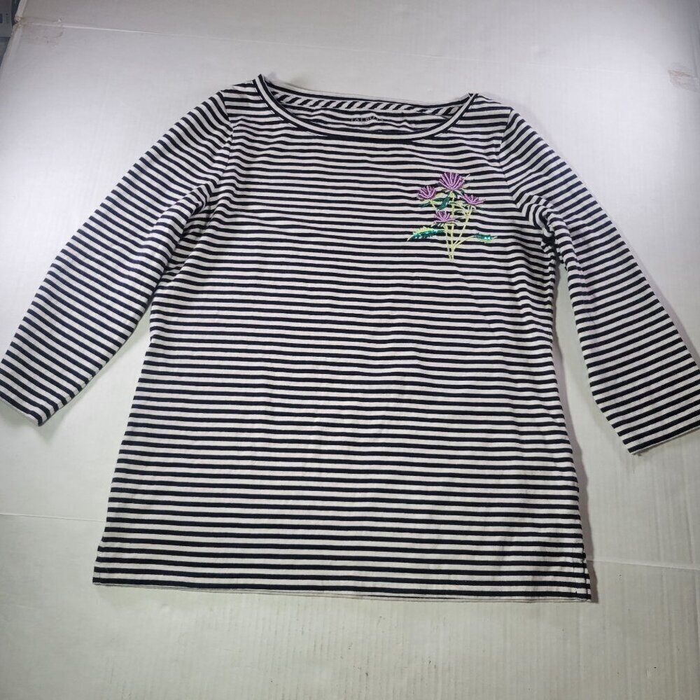 Talbots Petite Black Striped Embroidered Floral Cotton 3/4 Sleeve Top Size M